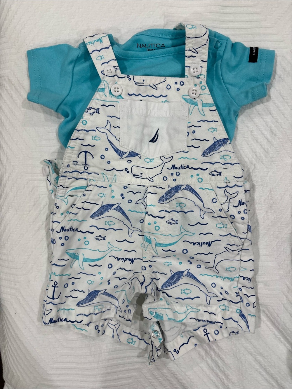 Nautica Aqua and White Whale Print Short Overalls Set